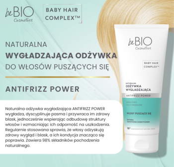 beBIO Antifrizz Power odżywka wygładzająca do włosów puszących, biała tubka z zielonymi detalami.