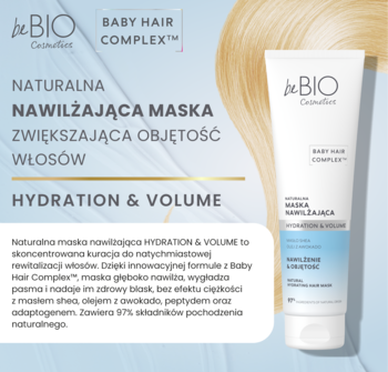 Naturalna maska beBIO Hydration & Volume, biała tuba z niebieskim paskiem, pod kątem, tekst o objętości włosów.