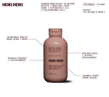 Butelka Heiki Heiki Moisture Szamponu nawilżającego, widok z przodu, z infografiką korzyści na białym tle.