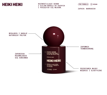 Heiki Heiki, serum rozświetlające do włosów suchych, bordowa butelka z kulistą nakrętką, widok z przodu.