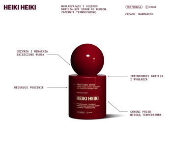 Heiki Heiki serum do włosów wygładzające i nawilżające, czerwona butelka z kulistą zakrętką, widok z przodu na białym tle.