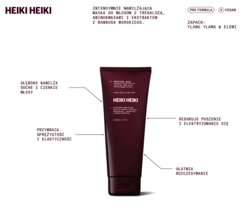 Ciemnoczerwona tuba Heiki Heiki Intensywnie Nawilżającej Maski do Włosów, z białym logo, widok z przodu.