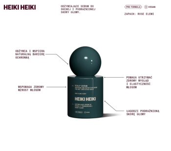 Heiki Heiki, ciemnozielone odżywcze serum do suchej i podrażnionej skóry głowy, z kulistym korkiem, widok z przodu.