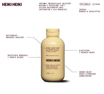 Heiki Heiki: jasnożółta butelka odżywki zwiększającej objętość z Biovolume 128™ i olejem abisyńskim, widok z przodu.