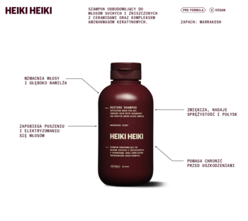 Heiki Heiki, ciemnoczerwony szampon odbudowujący z Hair App® w butelce z minimalistyczną etykietą, widok z przodu.