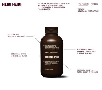 Brązowa butelka Heiki Heiki szamponu zwiększającego objętość z BIOVOLUME 128™ i opisami cech, widok z przodu.