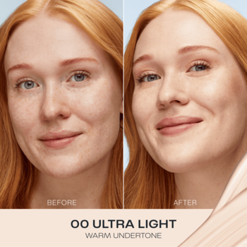 Przed i po: kobieta z rudymi włosami po użyciu podkładu Lumene Natural Glow 00 Ultra Light. Cera wyrównana, promienna.