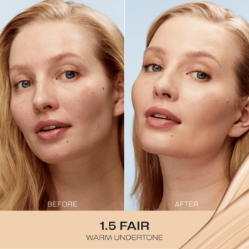 Podkład rozświetlający Lumene Natural Glow 1.5 Fair, ciepły odcień. Kobieta przed i po aplikacji.