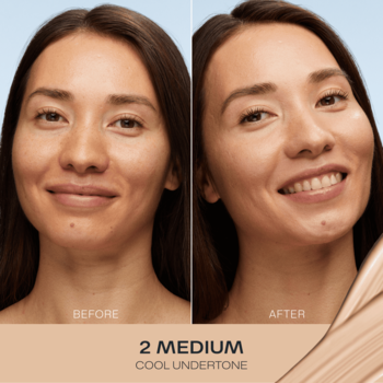 Lumene Natural Glow podkład 2 Medium SPF20: przed i po, kobieta z promienną cerą, obok swatch koloru.
