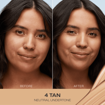 Kobieta przed i po nałożeniu rozświetlającego podkładu Lumene Natural Glow 4 Tan SPF 20. Skóra promienna, swatch.