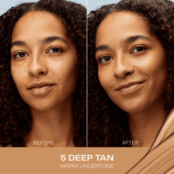 Porównanie przed i po: twarz kobiety z podkładem Lumene Natural Glow 5 Deep Tan (ciepły odcień). Cera promienna, wygładzona.