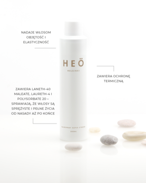 Biały lakier Hairspray Super Strong Heö Helsinki, z ochroną termiczną, widok z przodu na kamieniach.