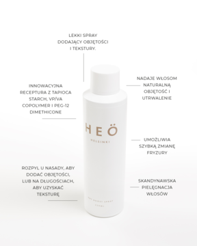 Heö Helsinki Dry Boost Spray, biała butelka teksturyzującego sprayu do włosów nadającego objętość, widok z przodu.