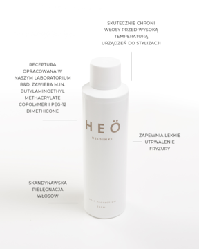 Spray termoochronny Heö Helsinki Heat Protection w białej butelce, widok z przodu. Chroni włosy, filtr UV, wegański.