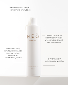 Biała butelka nawilżającego szamponu Heö Helsinki Hydra, widok z przodu, z wyciśniętą kroplą. Wokół opis korzyści i składników.