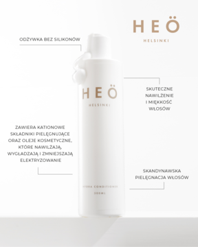 Heö Helsinki Hydra Odżywka nawilżająca, biała butelka z złotym logo, widok z przodu. Do włosów suchych.
