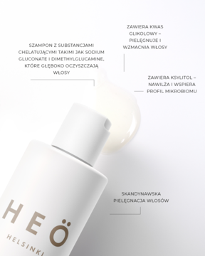 Biała butelka szamponu Heö Helsinki Detox, kątowe ujęcie z kroplą produktu i opisem składników aktywnych.