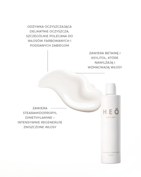 Biała butelka Heö Helsinki Cleansing Conditioner i kremowa odżywka na białym tle, opis nawilżania i regeneracji.