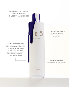 Biała butelka szamponu Heö Helsinki Cool, fioletowa ciecz spływa z korka, widok z przodu. Neutralizuje żółte tony.