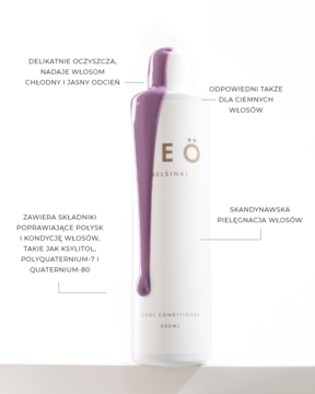 Heö Helsinki Cool Fioletowa odżywka w białej butelce, z fioletowym płynem spływającym po froncie, widok z przodu.