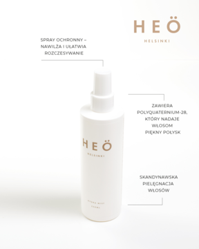 Biała butelka mgiełki Heö Helsinki Hydra, ochronny spray nawilżający i ułatwiający rozczesywanie, z opisami cech.