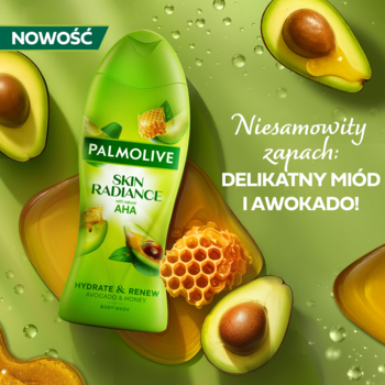 Palmolive Skin Radiance żel pod prysznic awokado i miód w zielonej butelce. Widoczne awokado, miód i 'NOWOŚĆ'.