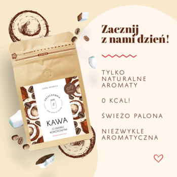 Kawa z nutą kokosową w brązowej torebce stojącej, z naturalnymi aromatami i grafiką. 0 kcal.