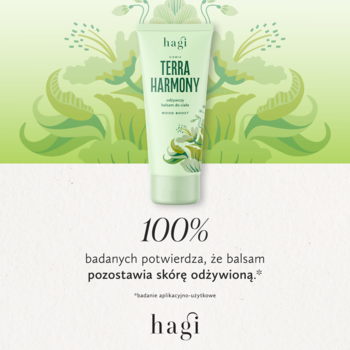 Zielony balsam do ciała Hagi Terra Harmony, tuba z roślinnym wzorem, widok z przodu, na pastelowo-zielonym tle.