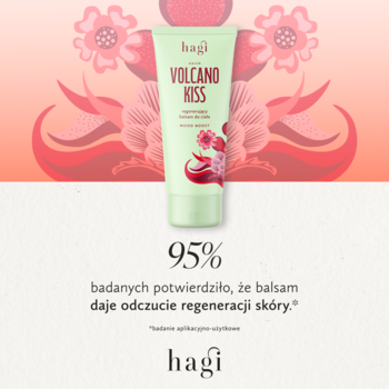 Hagi Volcano Kiss balsam regenerujący w zielonej tubce z kwiatowym wzorem, na pastelowym tle, z hasłem o 95% regeneracji.