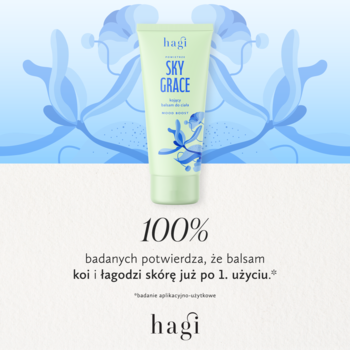 Hagi Sky Grace kojący balsam do ciała w jasnozielonej tubce z niebieskim wzorem, widok z przodu.