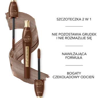 Dwa tusze BOURJOIS Twist Up Volume Ultra Brown, otwarte, z wysuniętymi szczoteczkami.