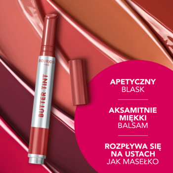 Otwarty Bourjois Butter Tint, masełko do ust w sztyfcie, w koralowym odcieniu, na tle rozmytych próbek kolorów.