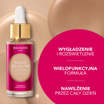 Bourjois Good to Glow, upiększające kropelki rozświetlające 3w1. Butelka z kroplomierzem, różowa etykieta.
