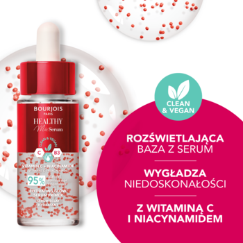 Bourjois Healthy Mix Serum Primer, rozświetlająca baza z wit. C i niacynamidem, czerwone perełki, butelka z pipetą.