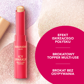 Różowy sztyft Bourjois Icy Sparkly brokatowy topper multi-use z wysuniętym złotym brokatem na błyszczącym tle.