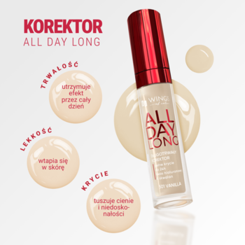 Korektor AA Wings of Color All Day Long w tubce z aplikatorem, odcień beige, obok próbki i opisy cech.