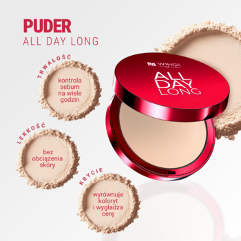 Czerwony kompakt AA All Day Long Prasowany Puder Light Natural, otoczony rozsypanym pudrem z tekstami cech.