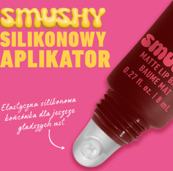 Smushy Matte Lip Balm, widok na elastyczny silikonowy aplikator i ciemnoczerwoną tubkę na różowym tle.
