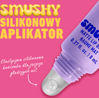 Fioletowy Smushy Matte Lip Balm, zbliżenie na elastyczny silikonowy aplikator, na różowym tle.