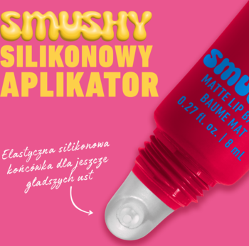 Zbliżenie na elastyczny, silikonowy aplikator Smushy Matte Lip Balm w czerwonej tubce na różowym tle.