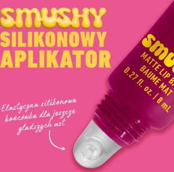 Smushy Matte Lip Balm, fuksjowa tubka z widocznym, elastycznym silikonowym aplikatorem do ust.