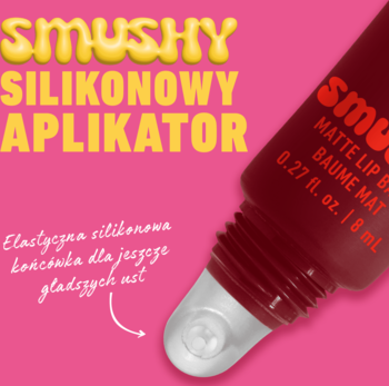 Czerwony Smushy Matte Lip Balm, zbliżenie na elastyczny silikonowy aplikator na różowym tle.