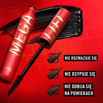 Rimmel Thrill Seeker Mega Lift, czerwony tusz z otwartą szczoteczką, na czerwonym tle. Wskazuje cechy: nie rozmazuje się, nie osypuje się.