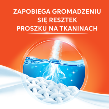 Vizir proszek. Grafika: strumień wody czyści tkaninę. Nagłówek: Zapobiega gromadzeniu się resztek proszku na tkaninach.