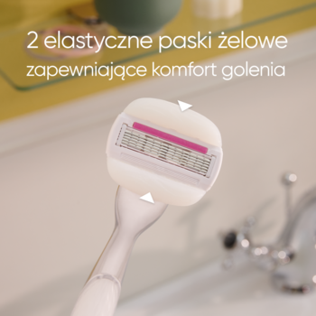 Biała głowica Gillette Venus ComfortGlide Sugarberry z 2 elastycznymi, różowymi paskami żelowymi, na rączce.