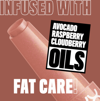 NYX Fat Oil Slick Click, brzoskwiniowy balsam do ust z brokatem, napisy „INFUSED WITH OILS” i „FAT CARE”.