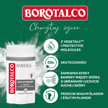 Borotalco Invisible, biały antyperspirant w sztyfcie, 48h ochrona przed białymi i żółtymi plamami, zielone tło.