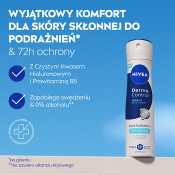 Antyperspirant NIVEA Derma Control, biało-niebieski spray. 72h ochrona dla skóry wrażliwej z kwasem hialuronowym, bez alkoholu.