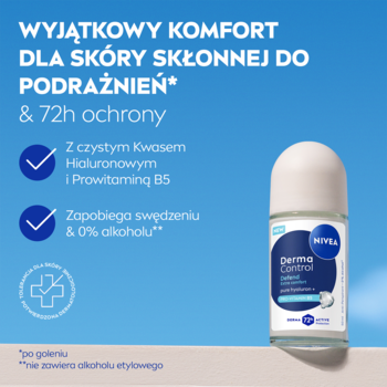NIVEA Derma Control roll-on dla skóry wrażliwej, 72h, kwas hialuronowy i B5, biały, widok z przodu.
