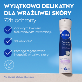 Antyperspirant NIVEA Derma Control 72h dla wrażliwej skóry, z kwasem hialuronowym i witaminą E, na niebieskim tle.